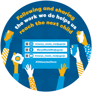 Graphic encouraging people to follow Mary's Meals Medjugorje on social media. 